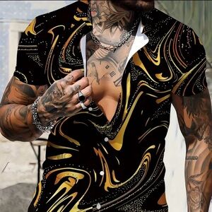 2xl men casual black gold graphic design zipper collar shirt